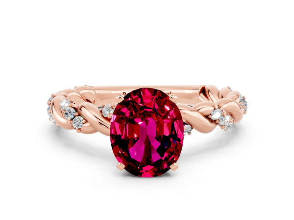Rose gold Oval Cut Garnet Solitaire Ring with Twisted Band and Pavé Accents
