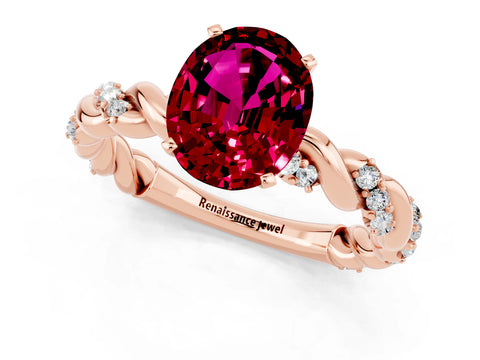 Rose gold Oval Cut Garnet Solitaire Ring with Twisted Band and Pavé Accents_1