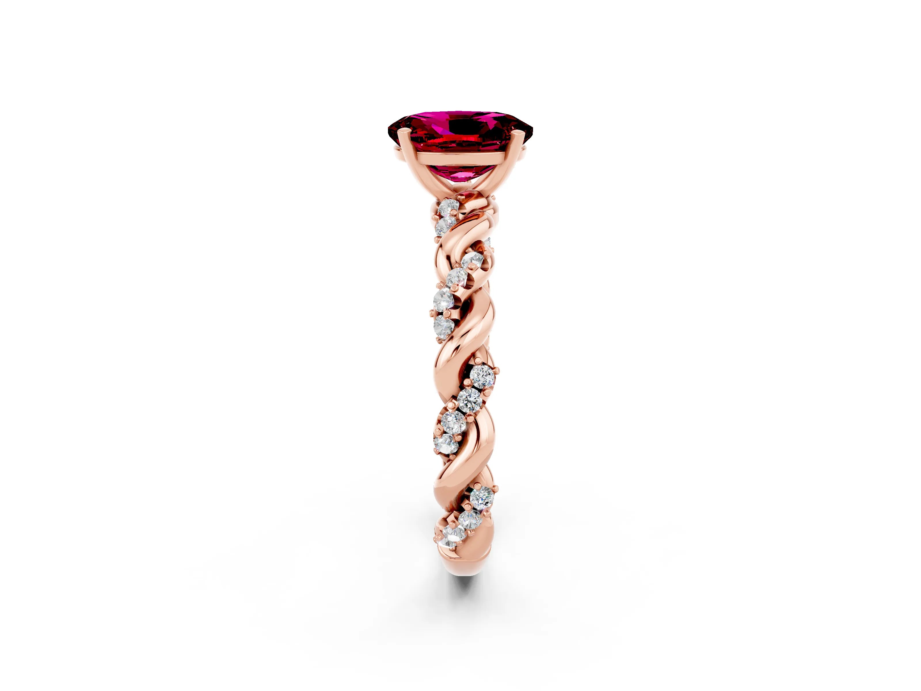 Rose gold Oval Cut Garnet Solitaire Ring with Twisted Band and Pavé Accents_2