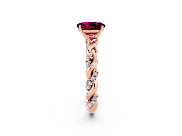 Rose gold Oval Cut Garnet Solitaire Ring with Twisted Band and Pavé Accents
