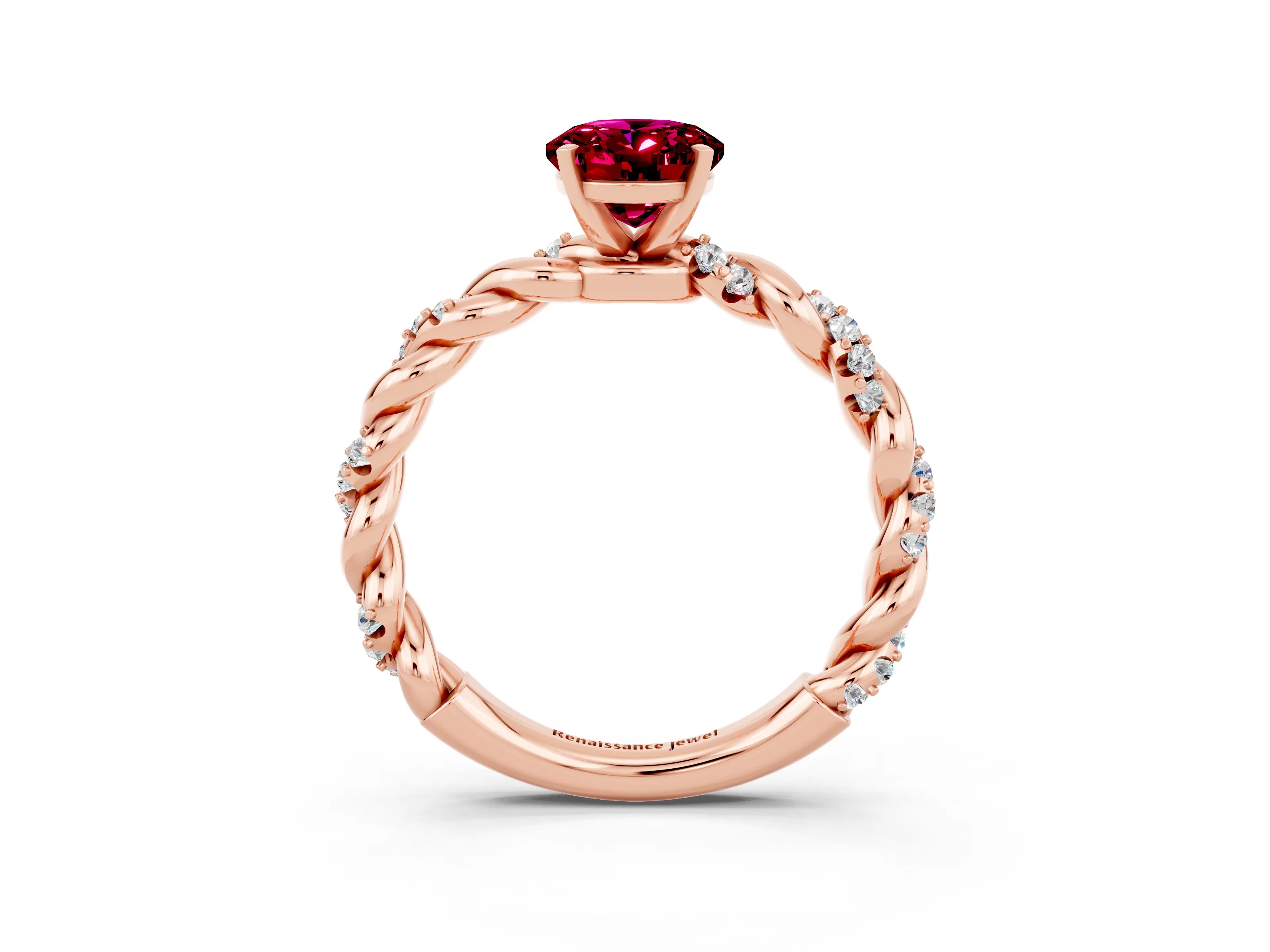 Rose gold Oval Cut Garnet Solitaire Ring with Twisted Band and Pavé Accents_3