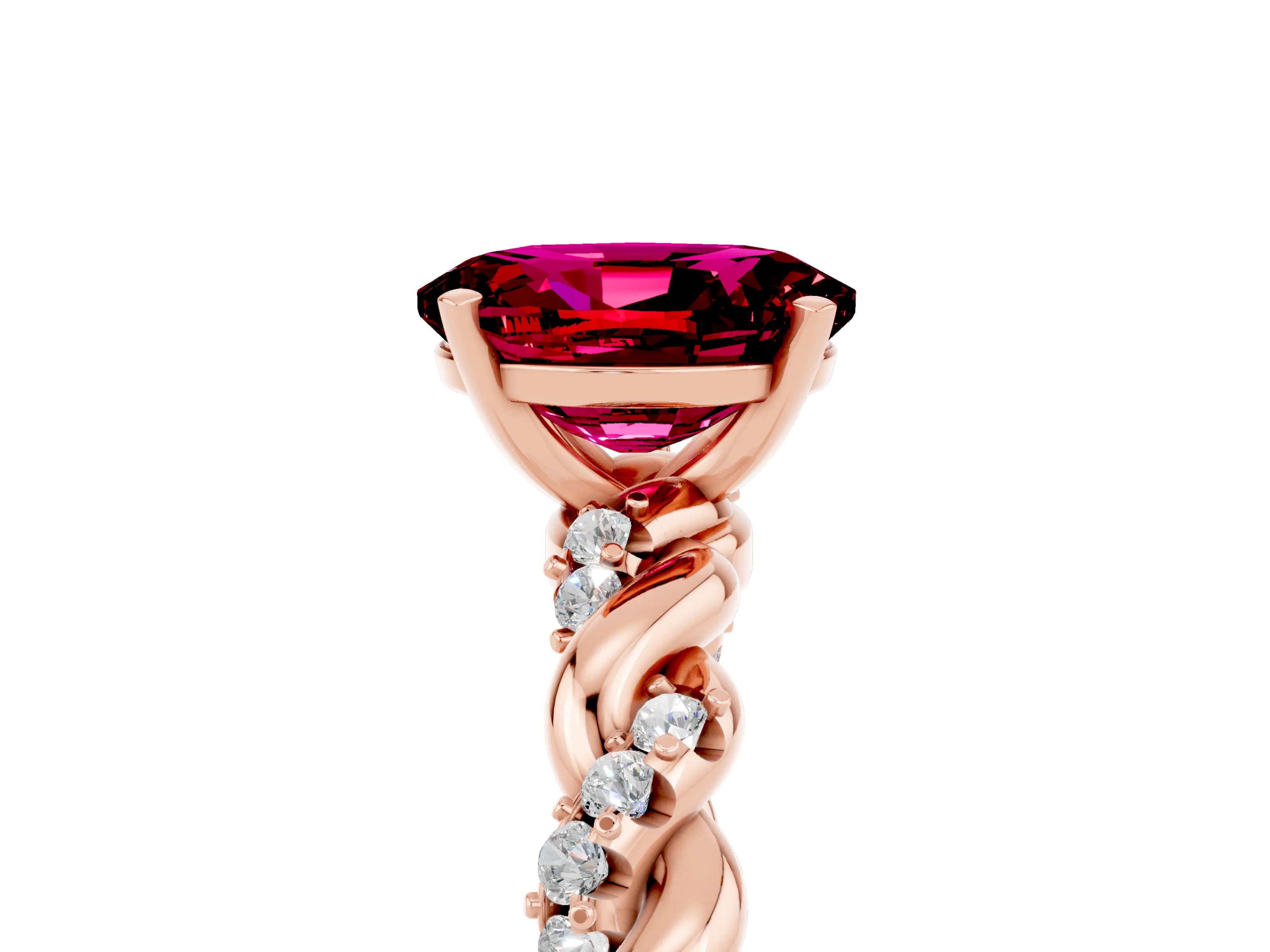 Rose gold Oval Cut Garnet Solitaire Ring with Twisted Band and Pavé Accents_5