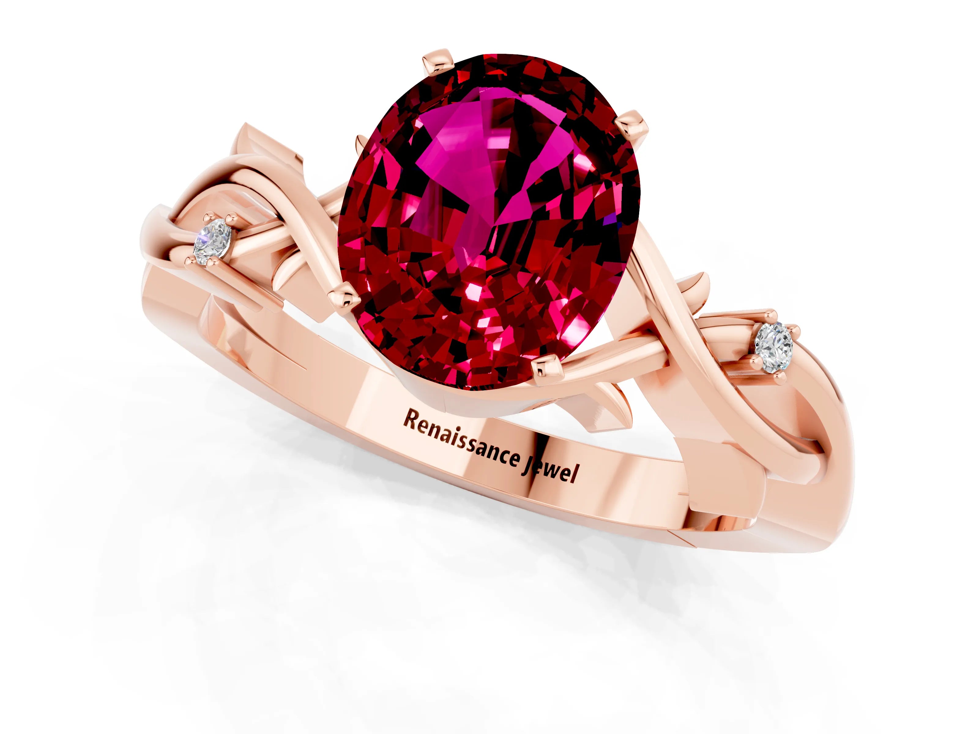 Rose gold Oval Cut Garnet Solitaire Ring with Twisted Band and Prong Setting_1