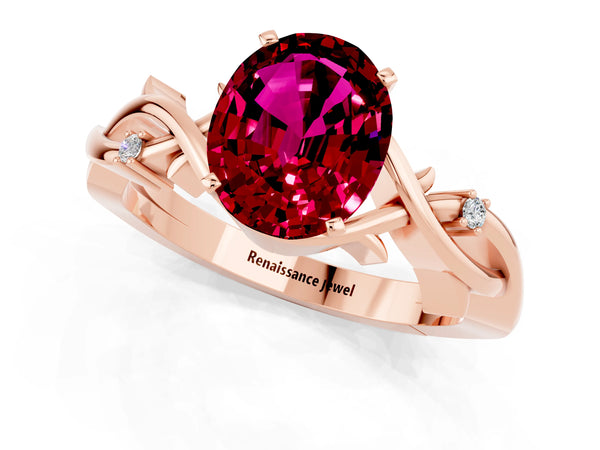 Rose gold Oval Cut Garnet Solitaire Ring with Twisted Band and Prong Setting
