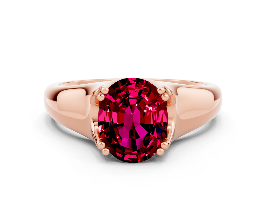 Rose gold Oval Cut Garnet Solitaire Ring with Wide Band and Prong Setting