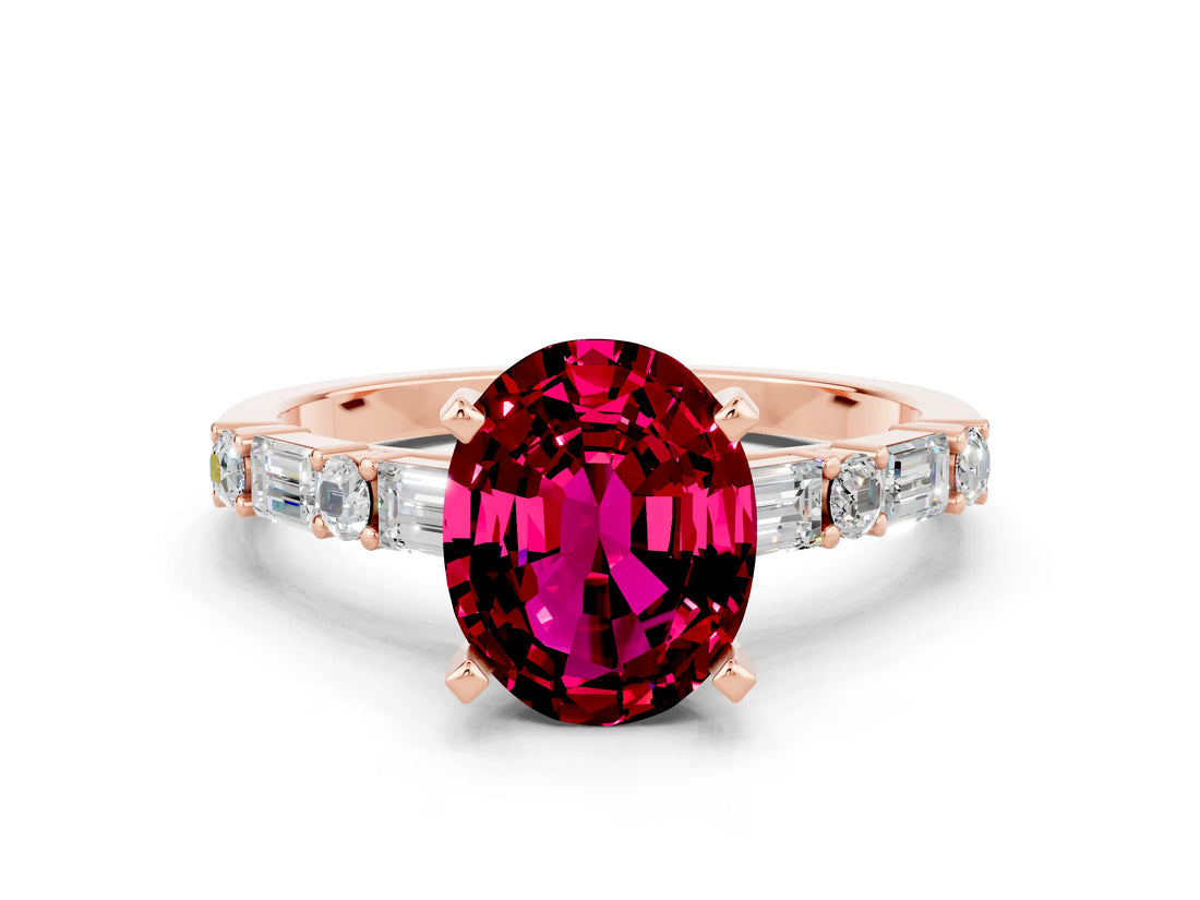 Rose gold Oval Cut Garnet Solitaire with Side Baguettes and Channel Set Band