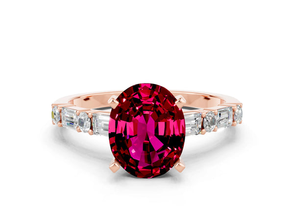 Rose gold Oval Cut Garnet Solitaire with Side Baguettes and Channel Set Band