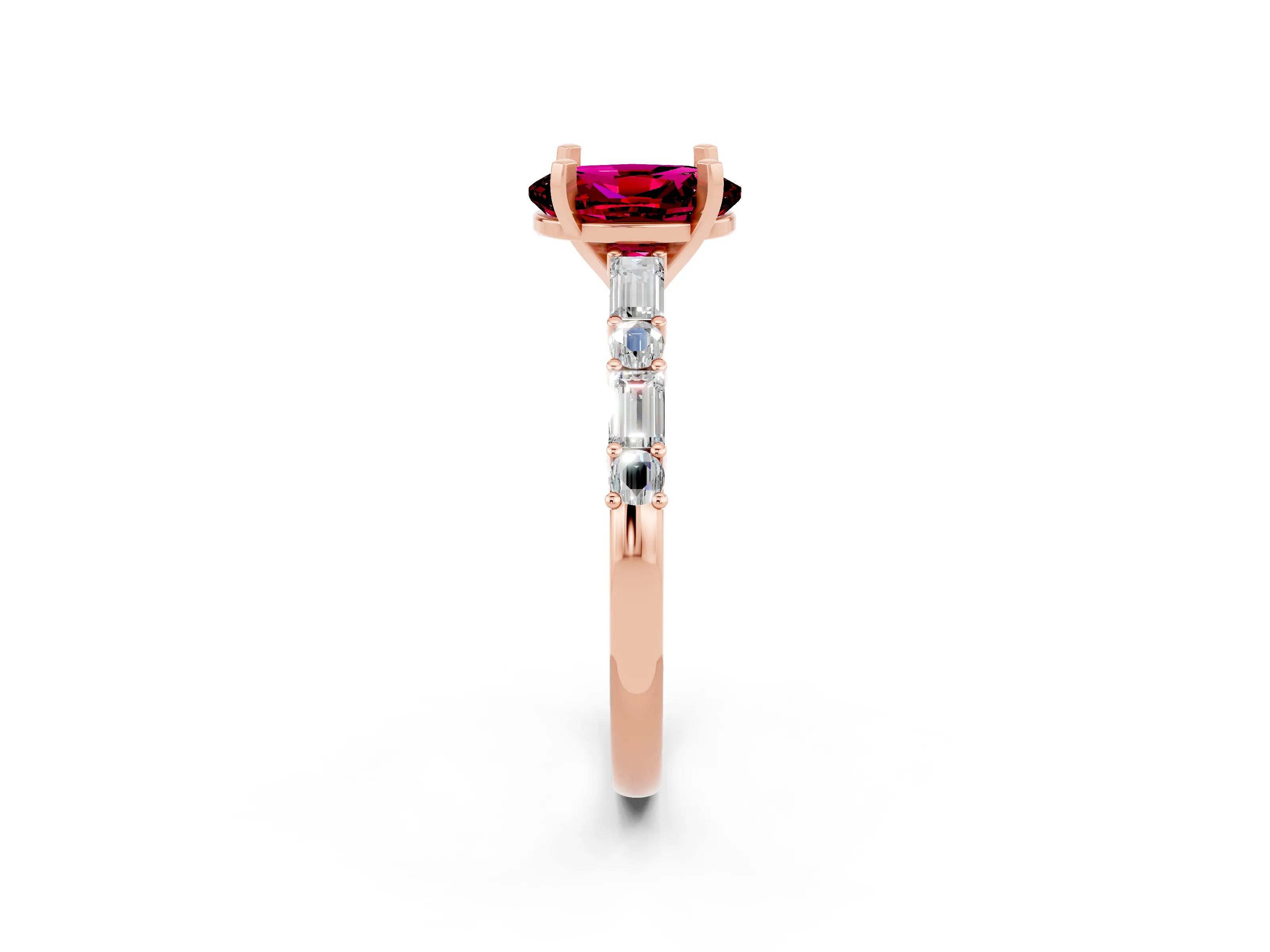 Rose gold Oval Cut Garnet Solitaire with Side Baguettes and Channel Set Band_2