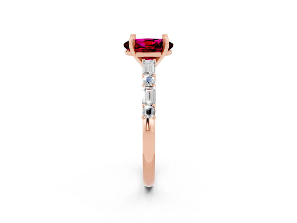 Rose gold Oval Cut Garnet Solitaire with Side Baguettes and Channel Set Band