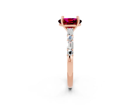 Rose gold Oval Cut Garnet Solitaire with Side Baguettes and Channel Set Band_2