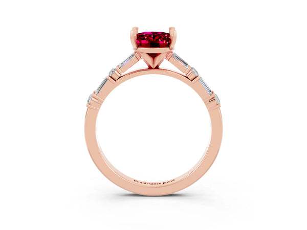 Rose gold Oval Cut Garnet Solitaire with Side Baguettes and Channel Set Band