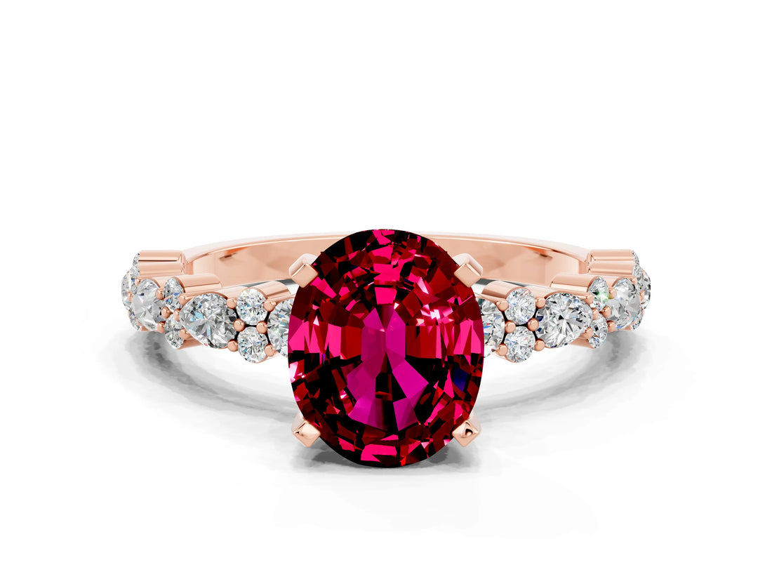 Rose gold Oval Cut Garnet Solitaire with Side Stones, Pave Band, Four-Prong Setting_36