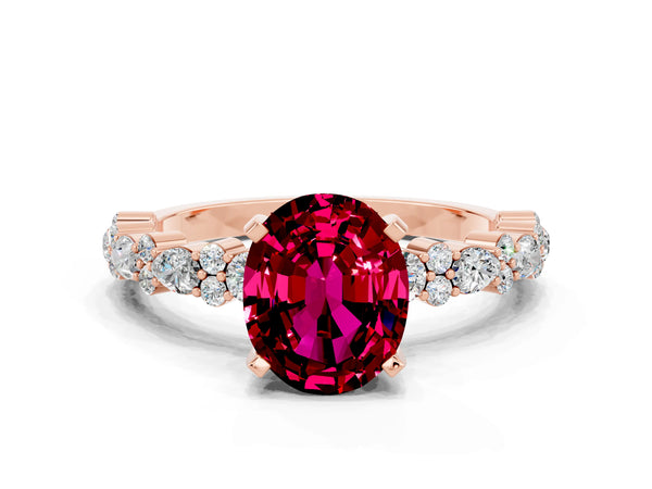 Rose gold Oval Cut Garnet Side Stone Solitaire Ring with Round  and Four-Prong Setting