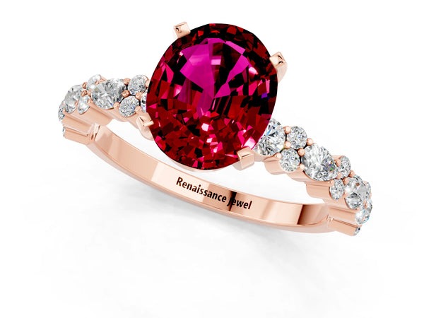 Rose gold Oval Cut Garnet Side Stone Solitaire Ring with Round  and Four-Prong Setting