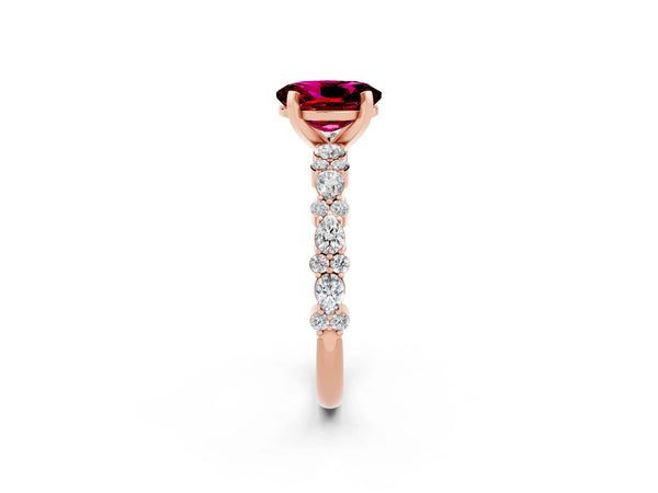 Rose gold Oval Cut Garnet Side Stone Solitaire Ring with Round  and Four-Prong Setting