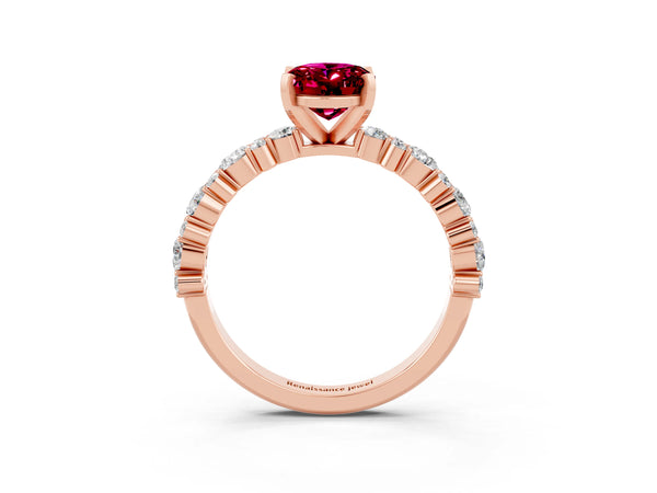 Rose gold Oval Cut Garnet Side Stone Solitaire Ring with Round  and Four-Prong Setting