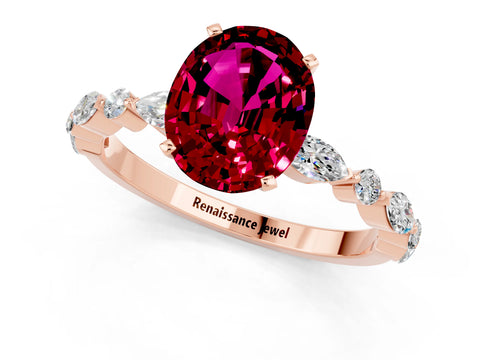 Rose gold Oval Cut Garnet Solitaire with Side Stones on a Pavé Band and Four-Prong Setting_1