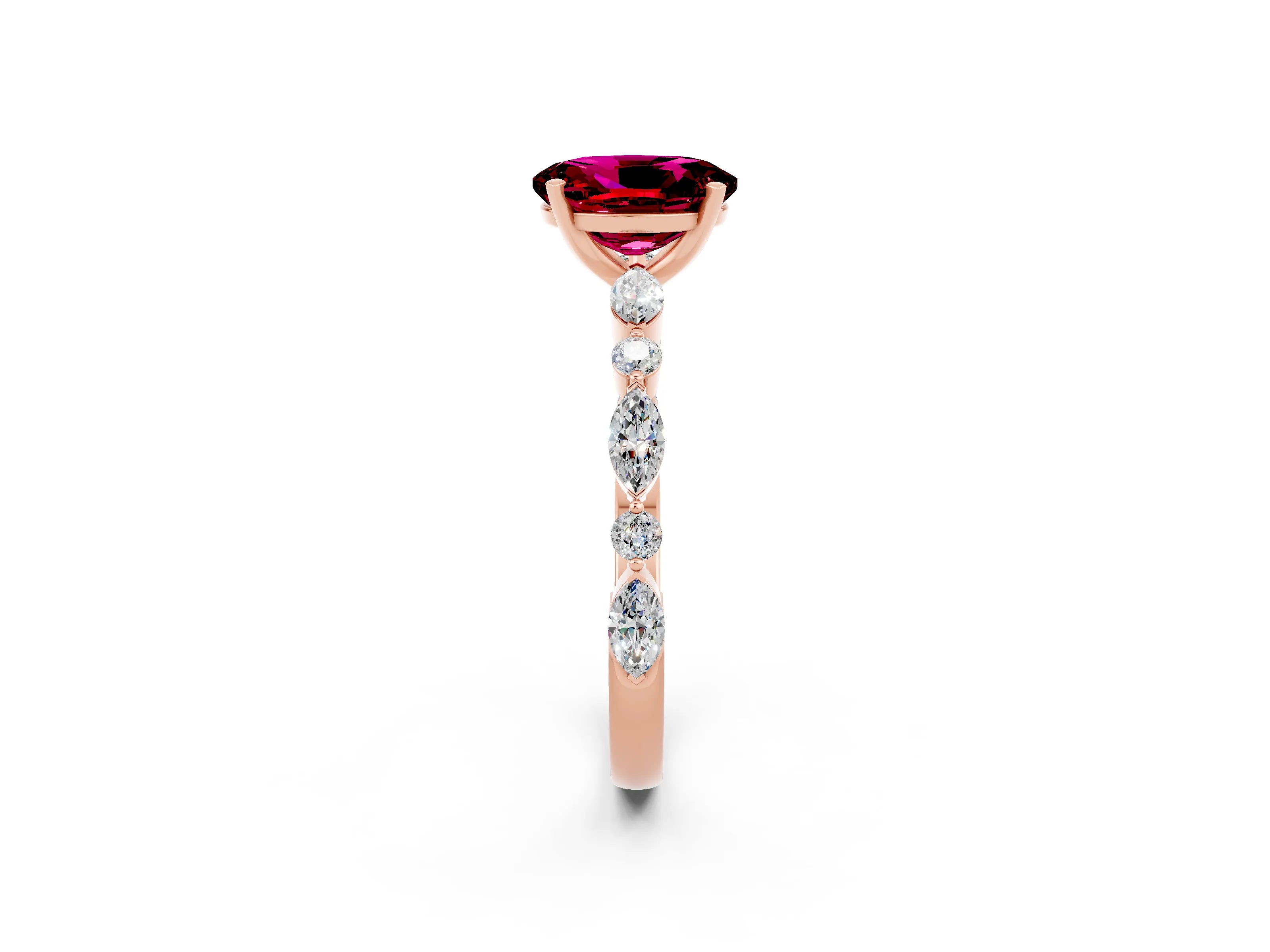 Rose gold Oval Cut Garnet Solitaire with Side Stones on a Pavé Band and Four-Prong Setting_2
