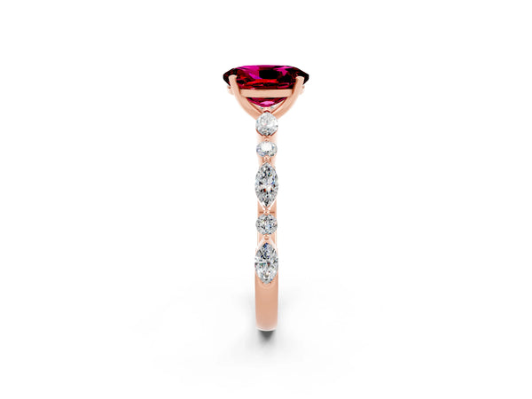 Rose gold Oval Cut Garnet Ring with Marquise and Round  Side Stones and Four-Prong Setting