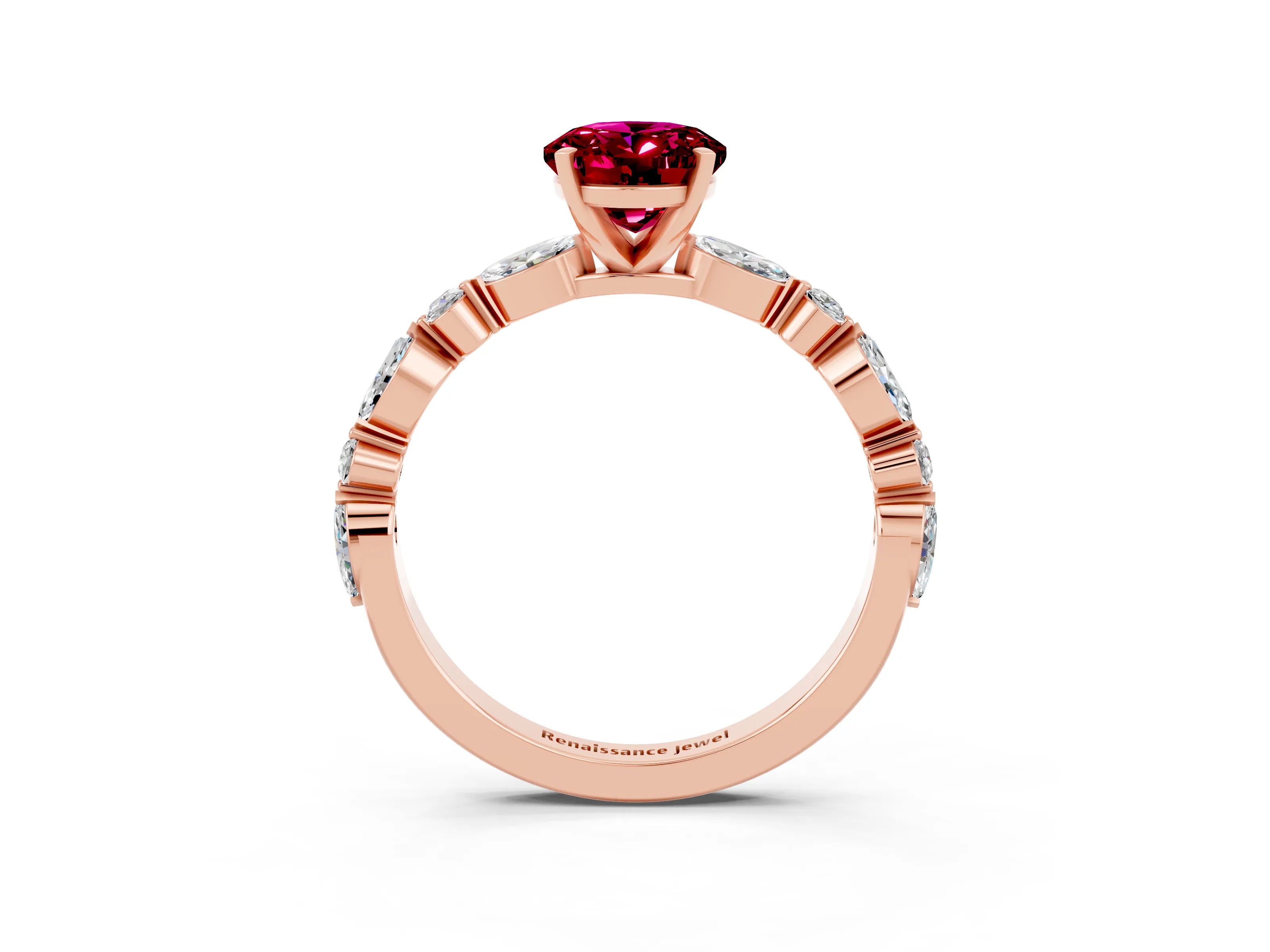 Rose gold Oval Cut Garnet Solitaire with Side Stones on a Pavé Band and Four-Prong Setting_3