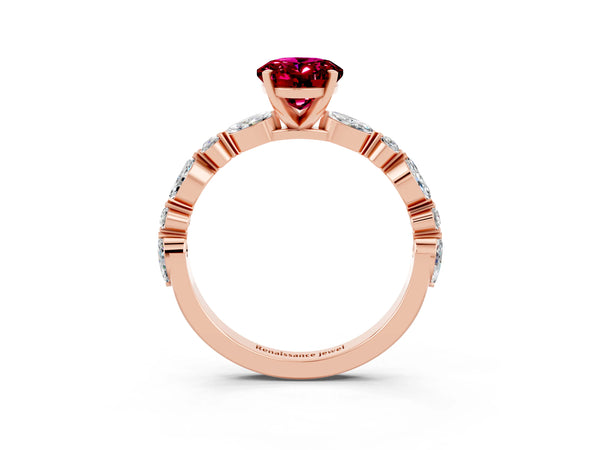 Rose gold Oval Cut Garnet Ring with Marquise and Round  Side Stones and Four-Prong Setting