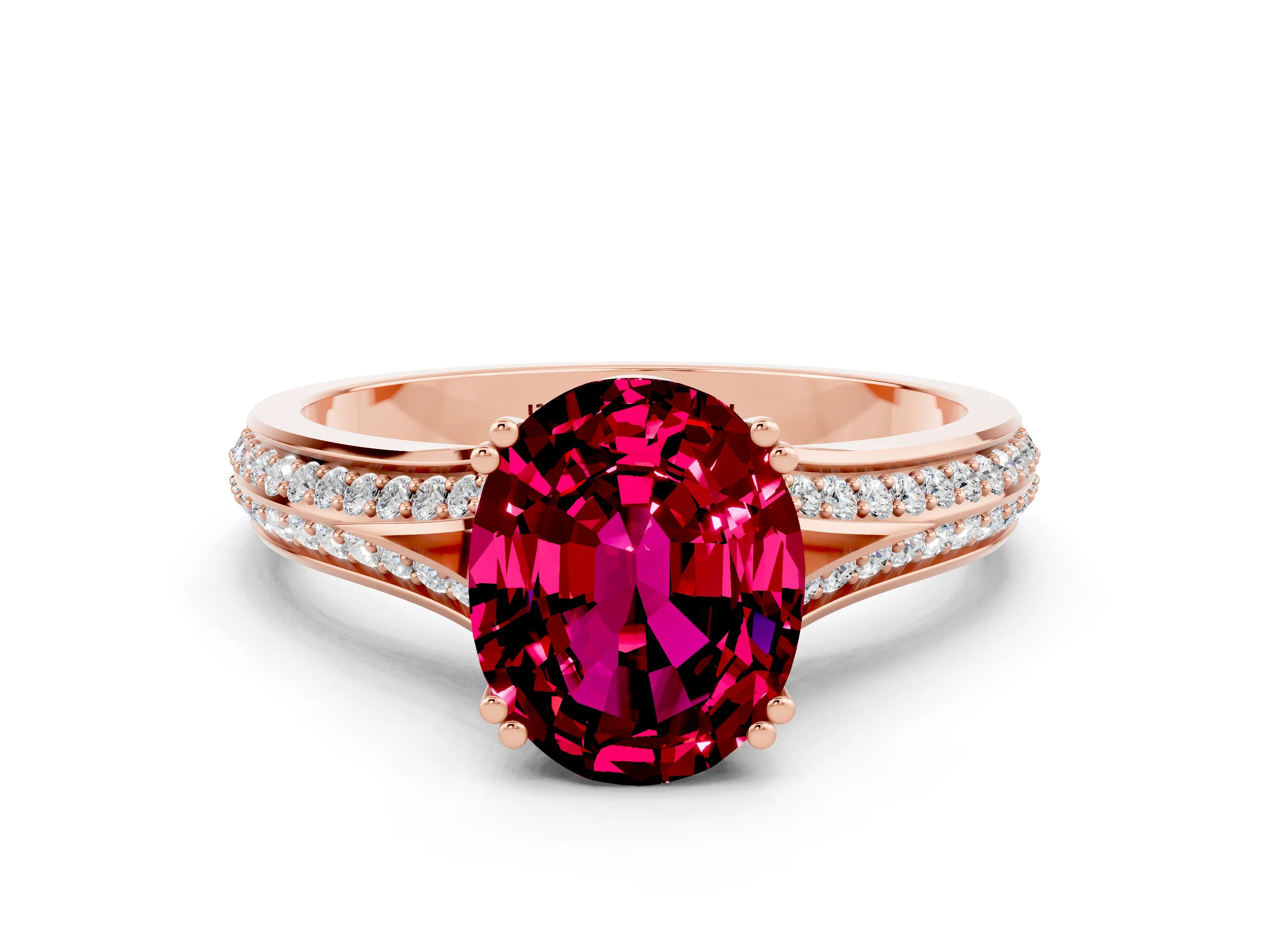 Rose gold Oval Cut Garnet Split Shank Engagement Ring with Pavé Band