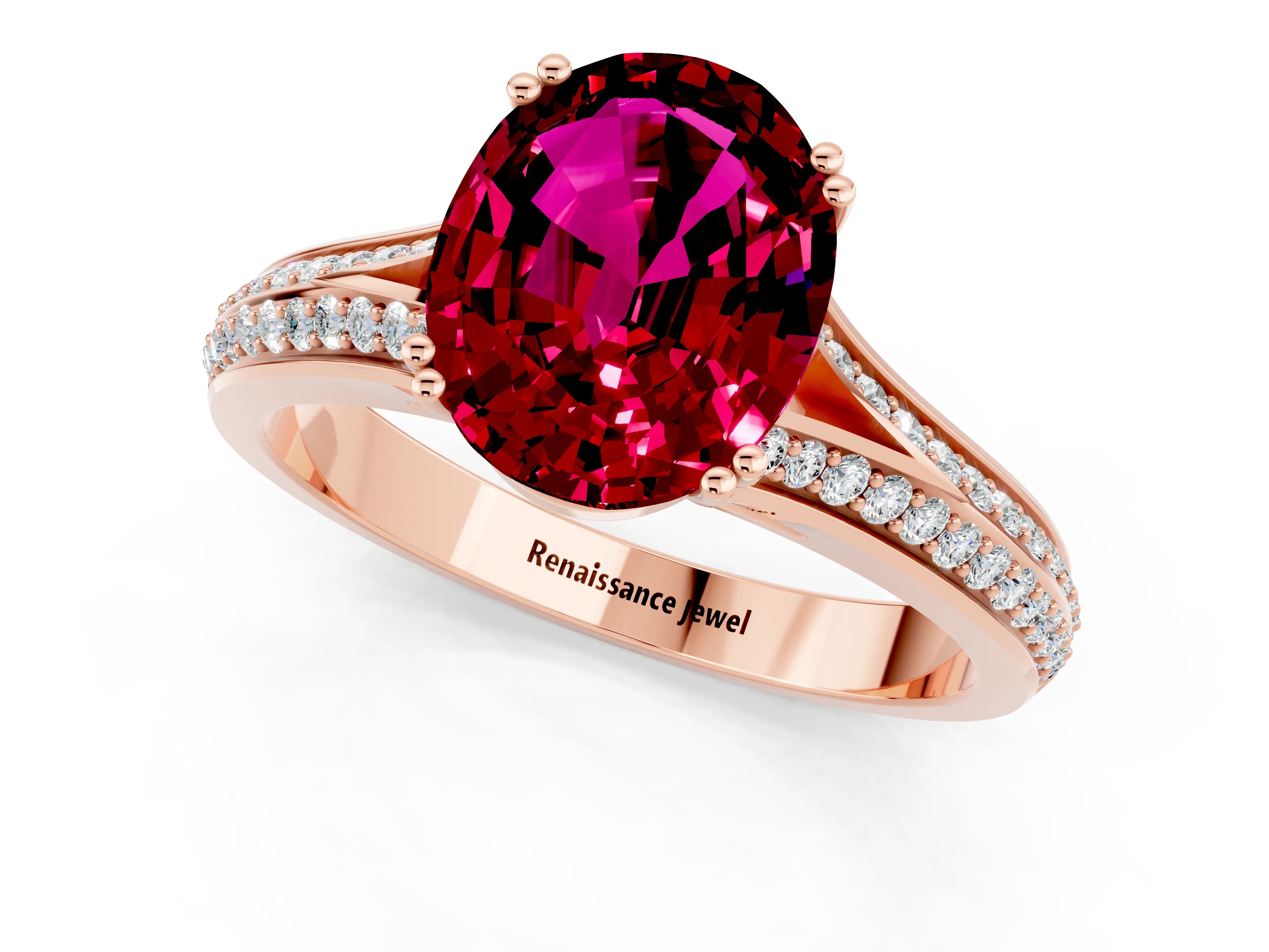 Rose gold Oval Cut Garnet Split Shank Engagement Ring with Pavé Band_1