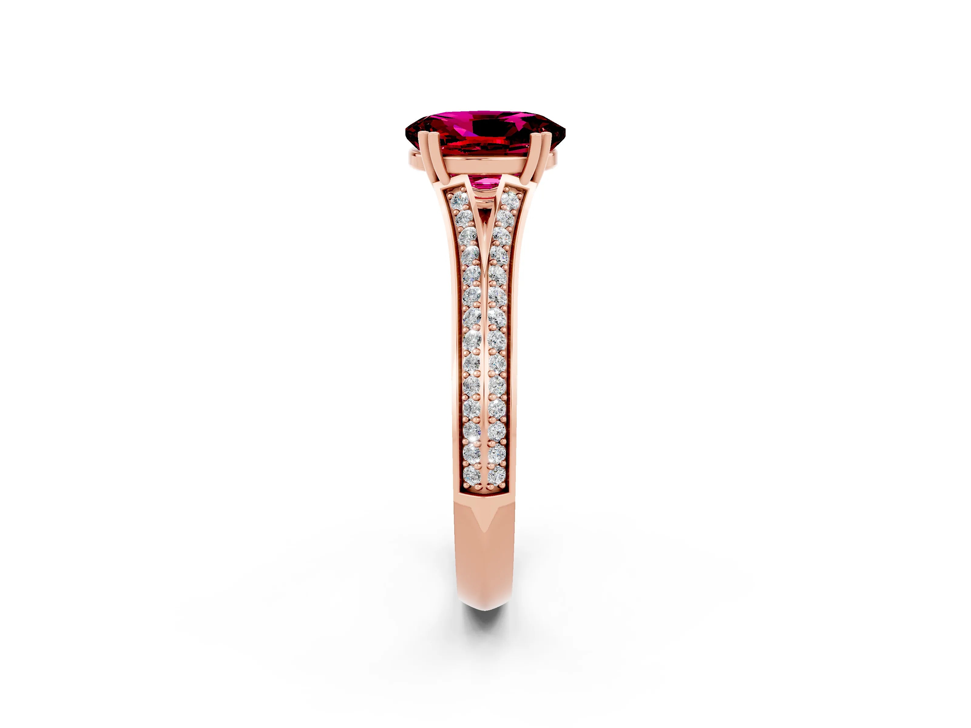 Rose gold Oval Cut Garnet Split Shank Engagement Ring with Pavé Band_2