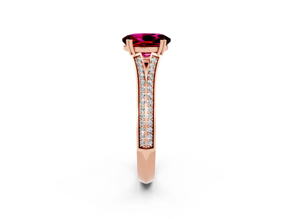 Rose gold Oval Cut Garnet Split Shank Engagement Ring with Pavé Band