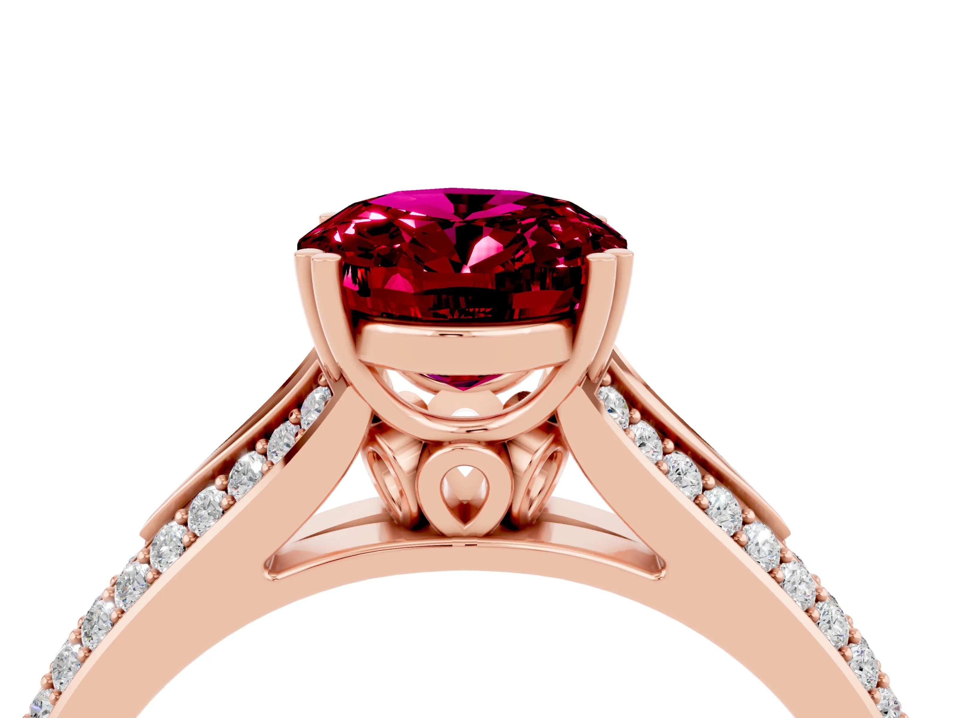 Rose gold Oval Cut Garnet Split Shank Engagement Ring with Pavé Band_4
