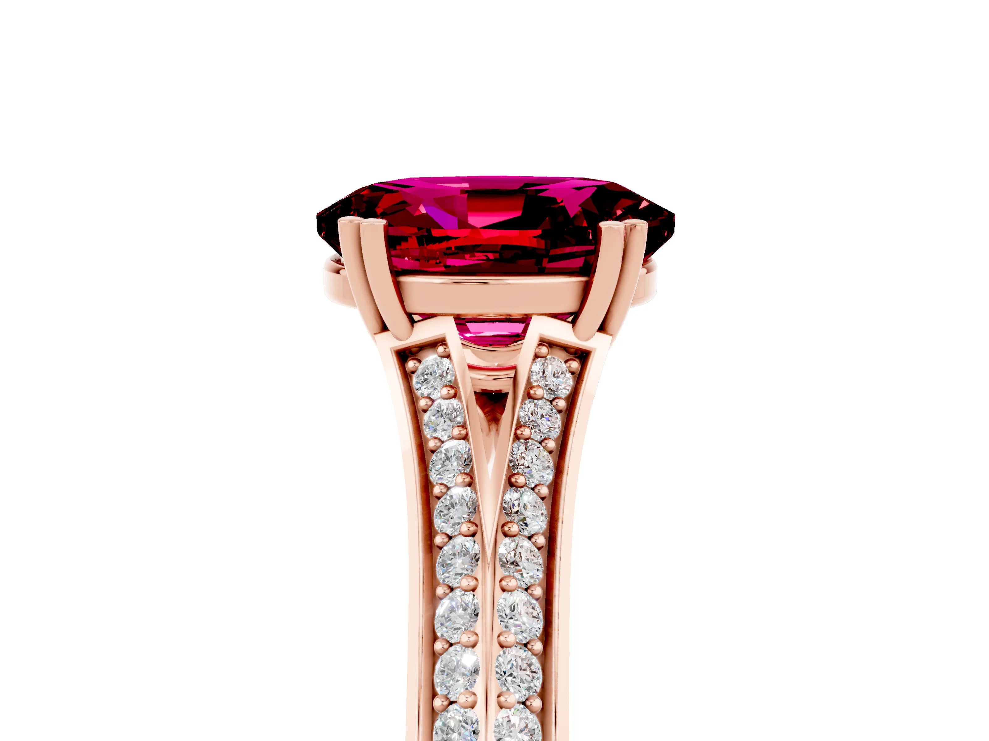 Rose gold Oval Cut Garnet Split Shank Engagement Ring with Pavé Band_5
