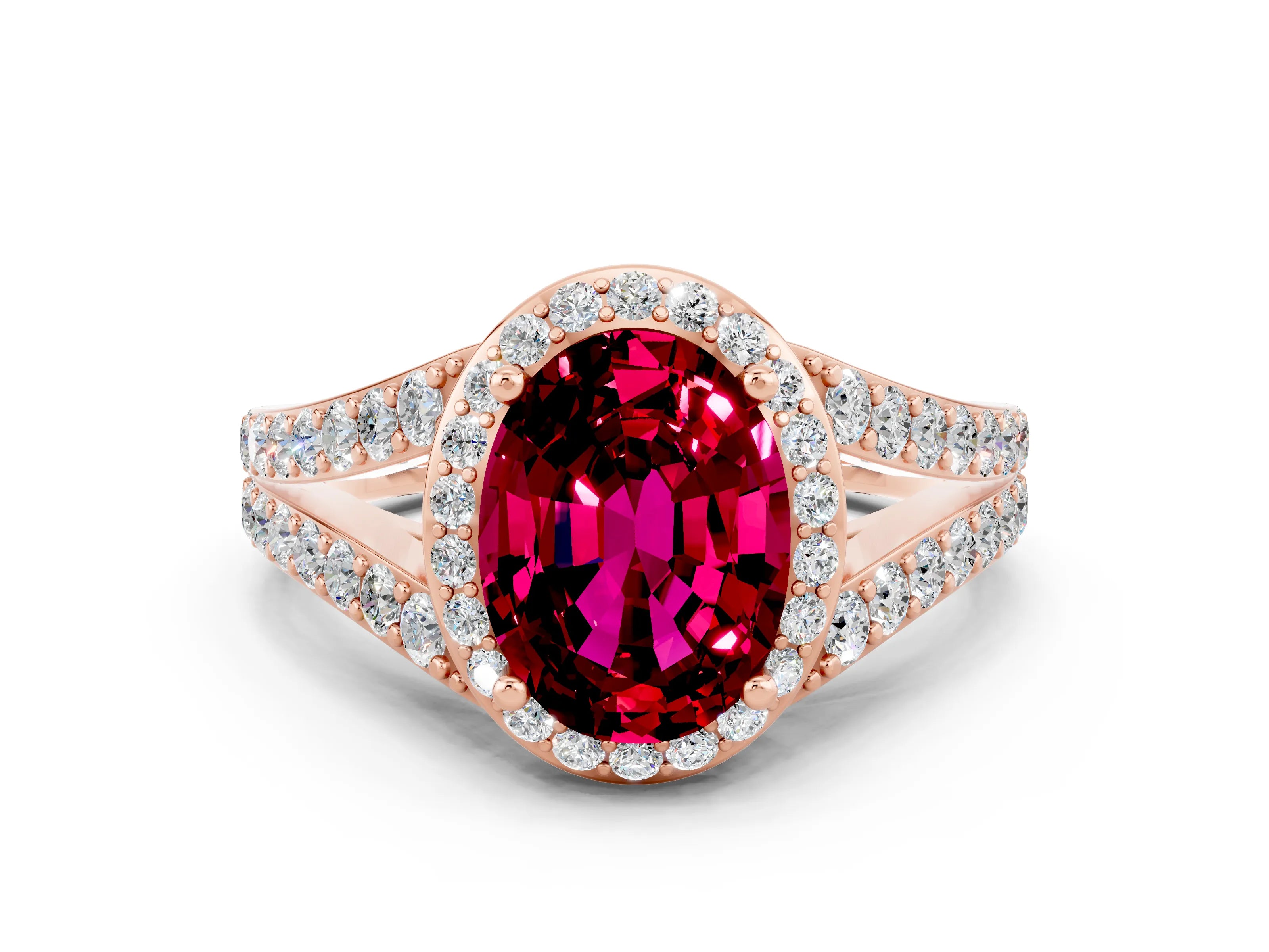 Rose gold Oval Cut Garnet Split Shank Halo Ring with Four-Prong Setting_12