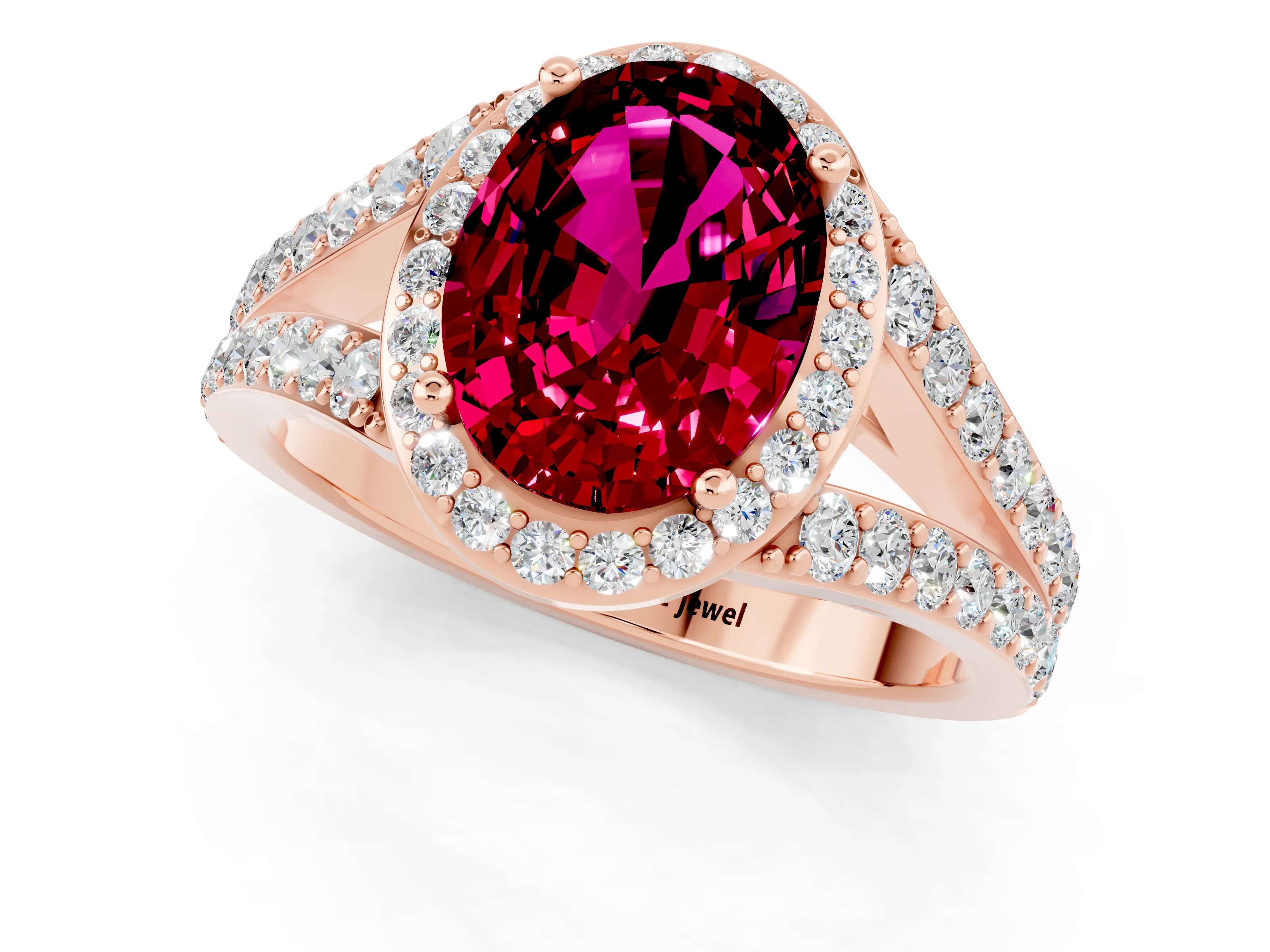 Rose gold Oval Cut Garnet Split Shank Halo Ring with Four-Prong Setting_13
