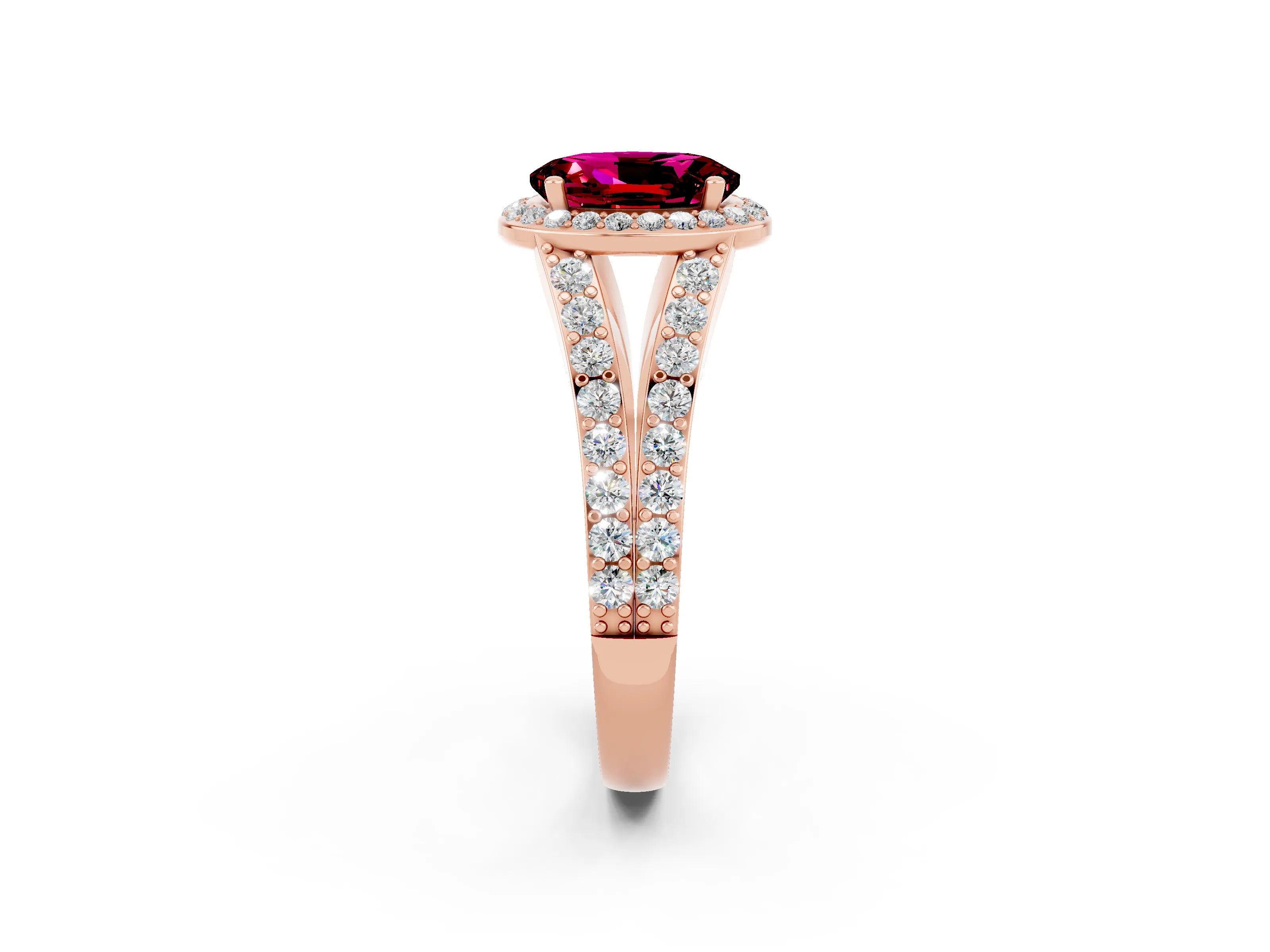 Rose gold Oval Cut Garnet Split Shank Halo Ring with Four-Prong Setting_14