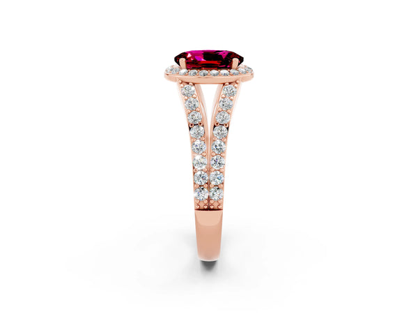 Rose gold Oval Cut Garnet Split Shank Halo Ring with Four-Prong Setting