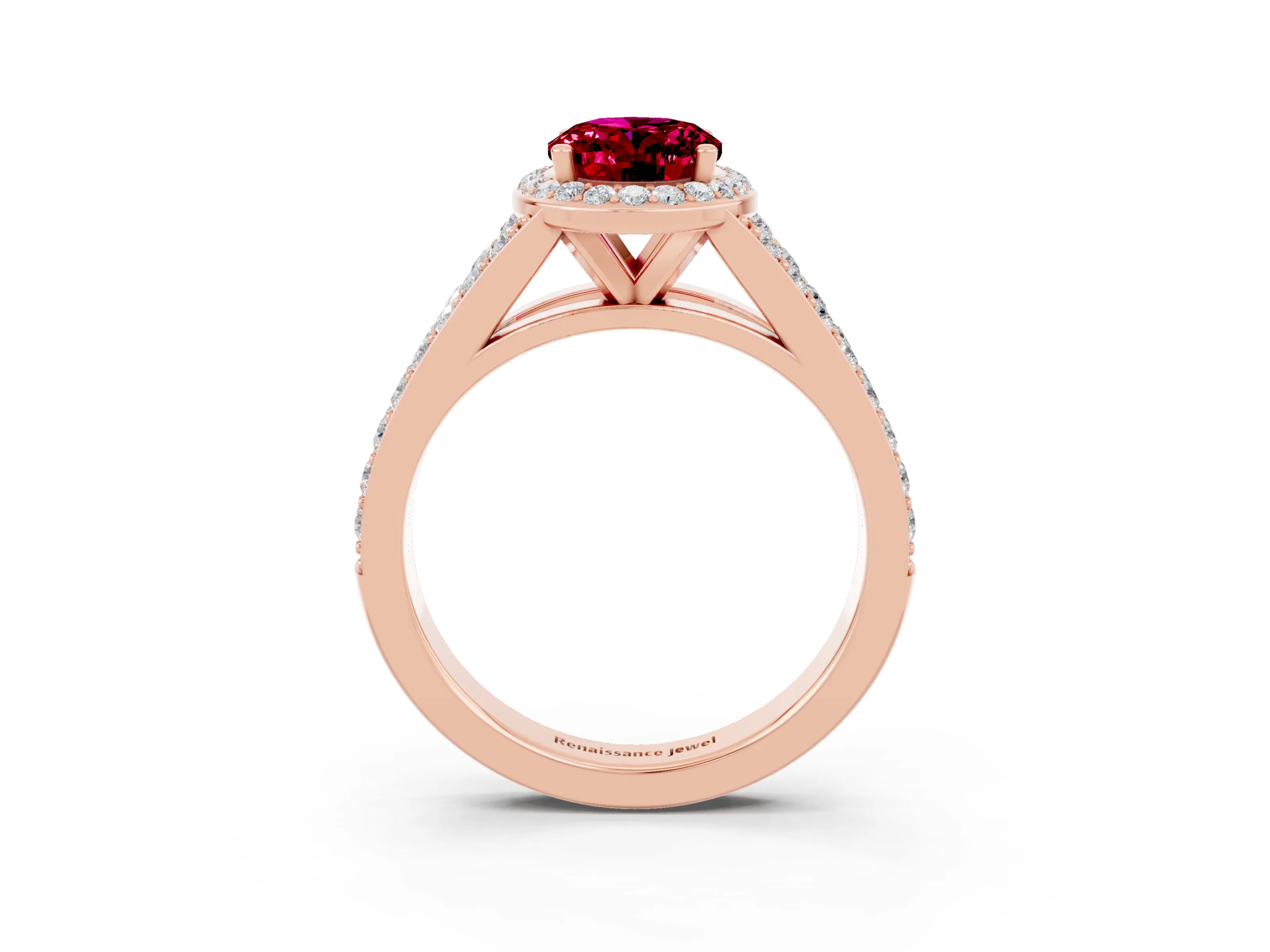 Rose gold Oval Cut Garnet Split Shank Halo Ring with Four-Prong Setting_15