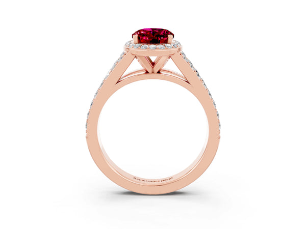 Rose gold Oval Cut Garnet Split Shank Halo Ring with Four-Prong Setting