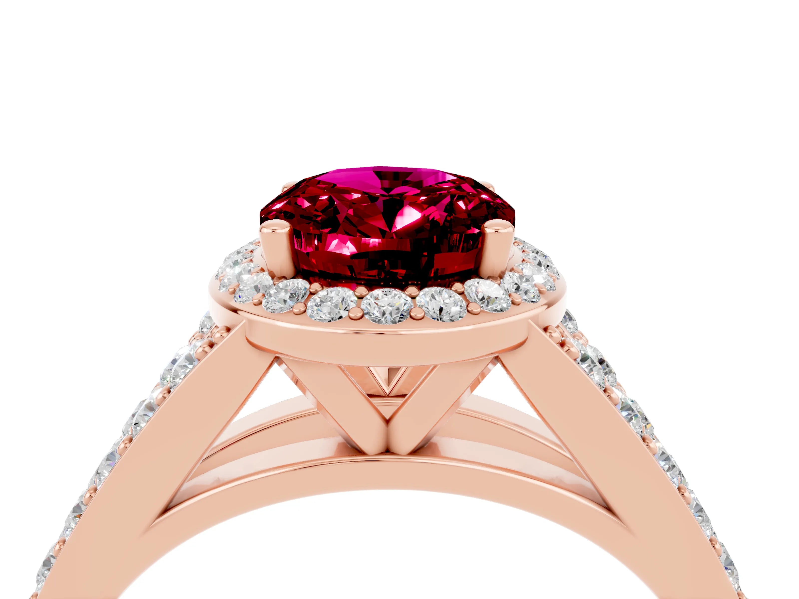Rose gold Oval Cut Garnet Split Shank Halo Ring with Four-Prong Setting_16