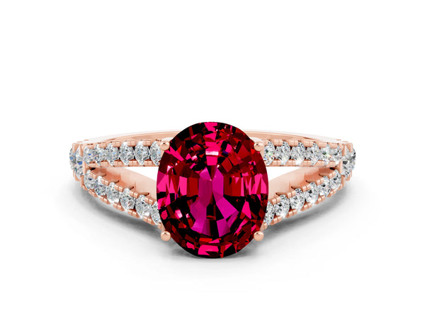 Rose gold Oval Cut Garnet Split Shank Pavé Engagement Ring with Four-Prong Setting