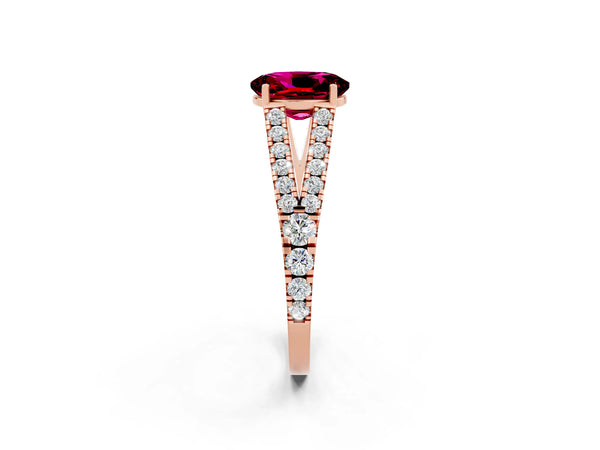 Rose gold Oval Cut Garnet Split Shank Pavé Engagement Ring with Four-Prong Setting