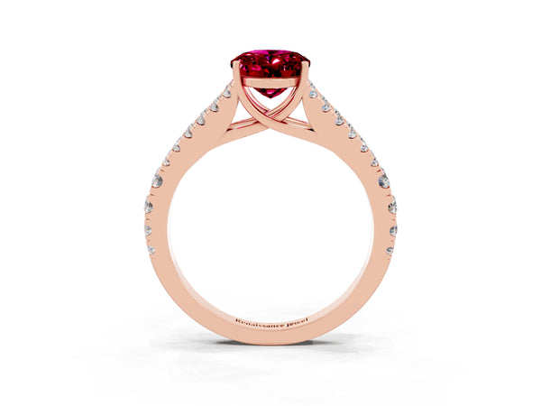 Rose gold Oval Cut Garnet Split Shank Pavé Engagement Ring with Four-Prong Setting