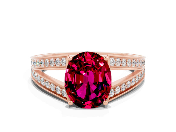 Rose gold Oval Cut Garnet Split Shank Ring with Pavé Band and Four-Prong Setting