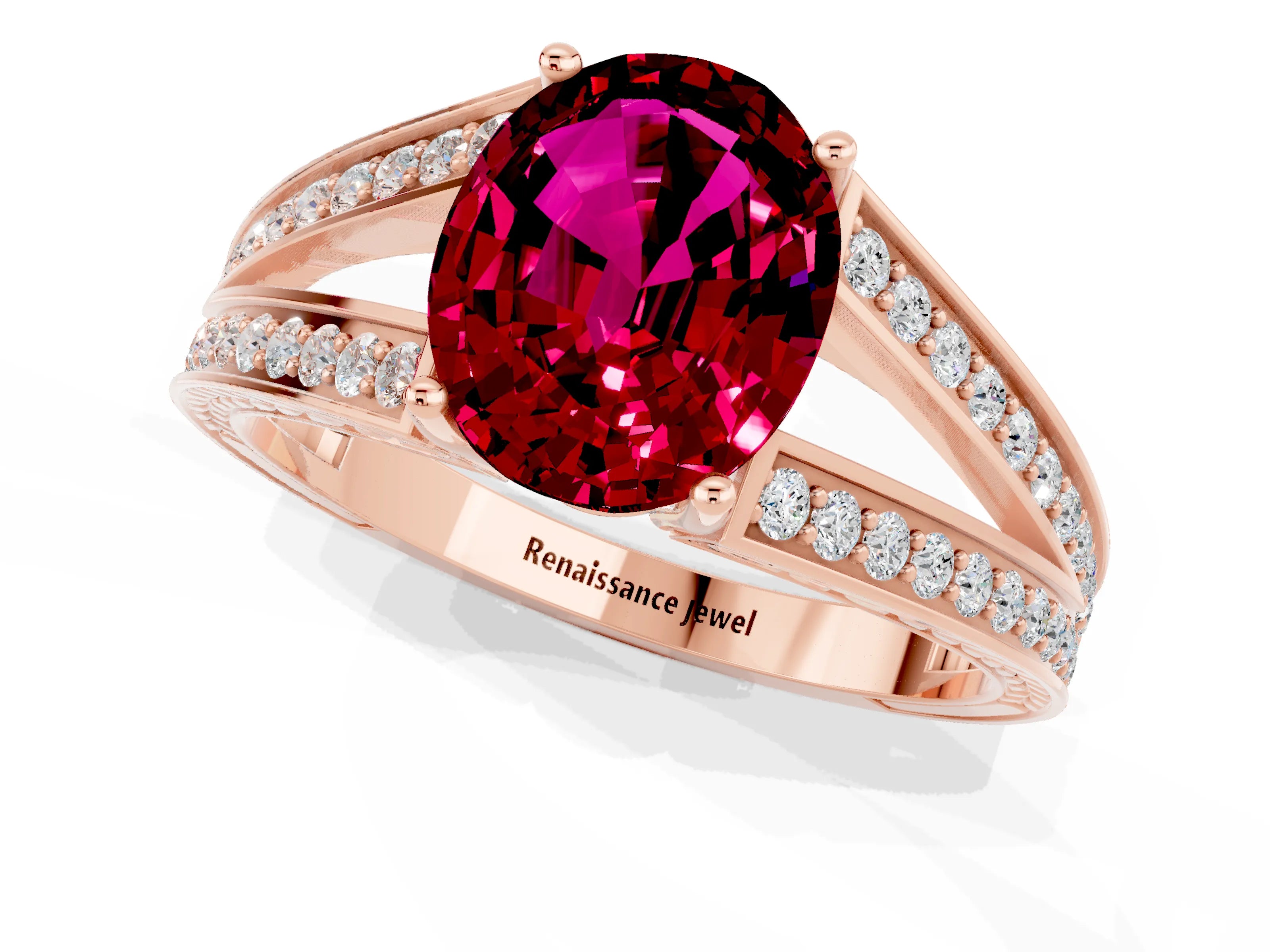 Rose gold Oval Cut Garnet Split Shank Ring with Pavé Band and Four-Prong Setting_1