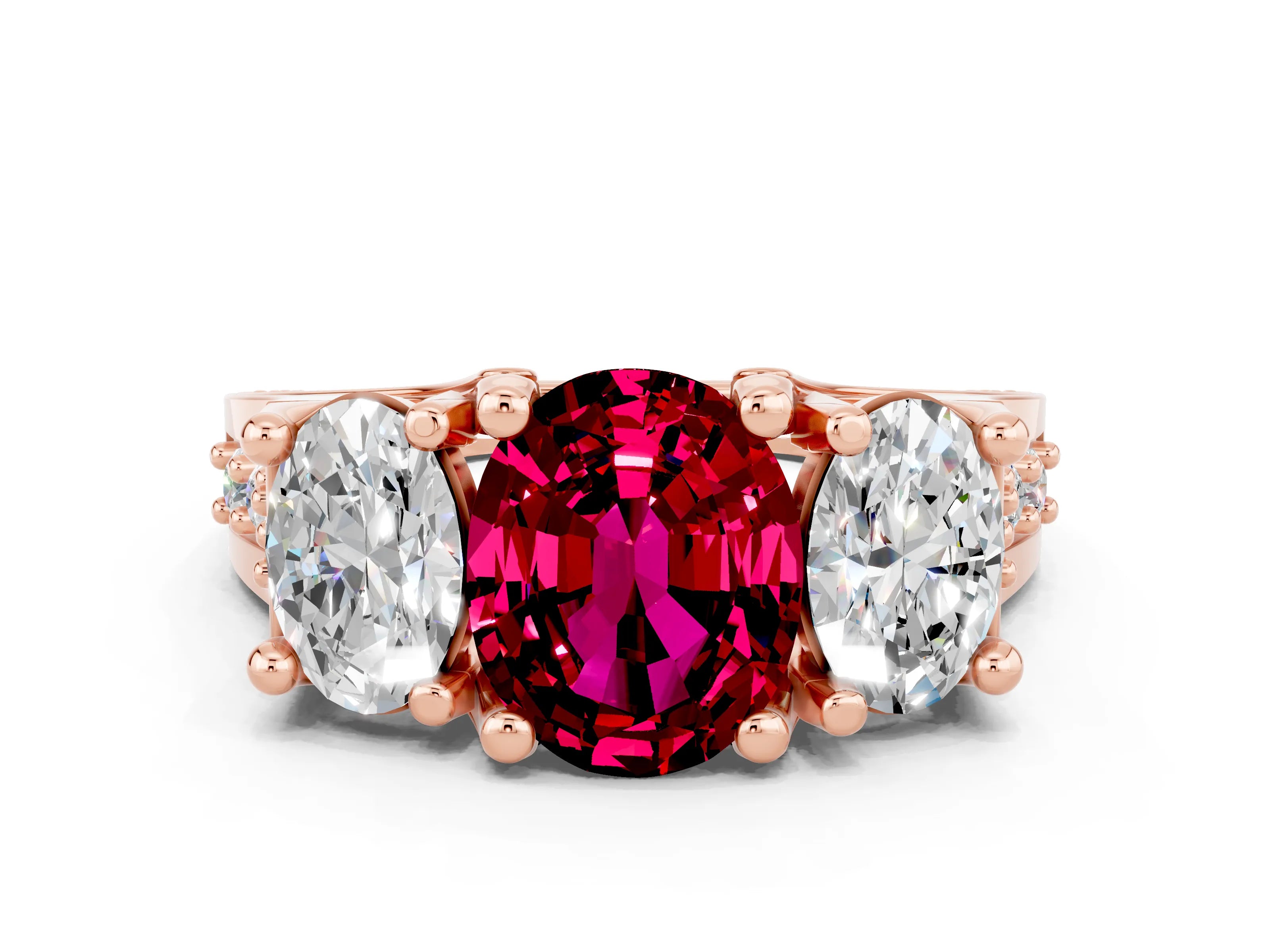 Rose gold Oval Cut Garnet Three-Stone Ring with Channel Set Band and Four-Prong Setting