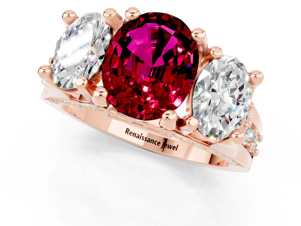 Rose gold Oval Cut Garnet Three-Stone Ring with Channel Set Band and Four-Prong Setting