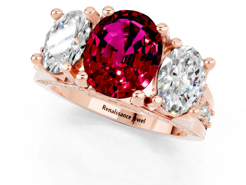 Rose gold Oval Cut Garnet Three-Stone Ring with Channel Set Band and Four-Prong Setting_1