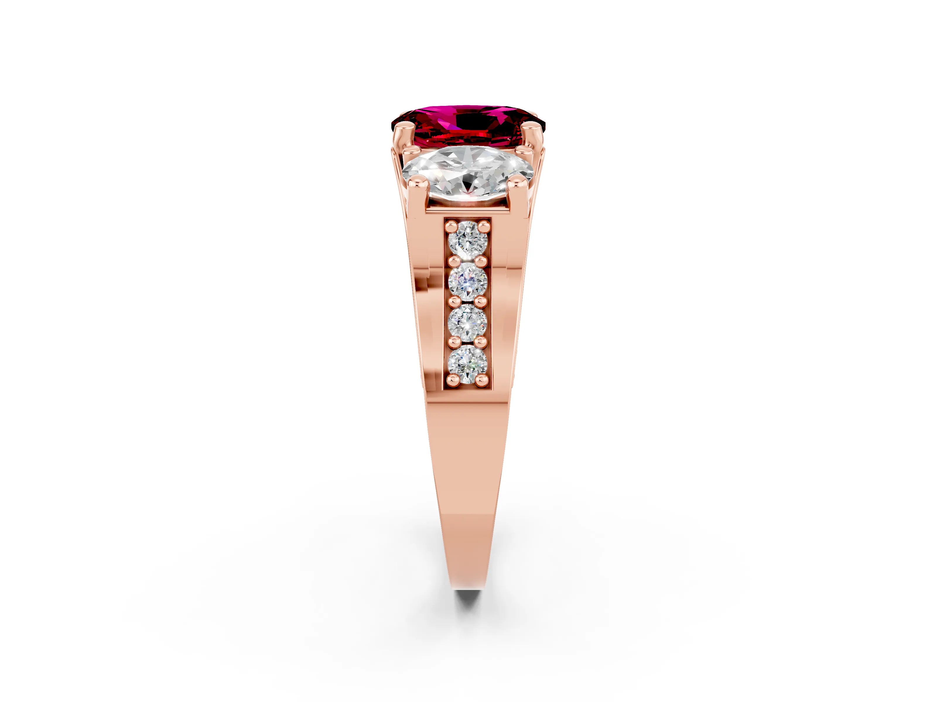 Rose gold Oval Cut Garnet Three-Stone Ring with Channel Set Band and Four-Prong Setting_2