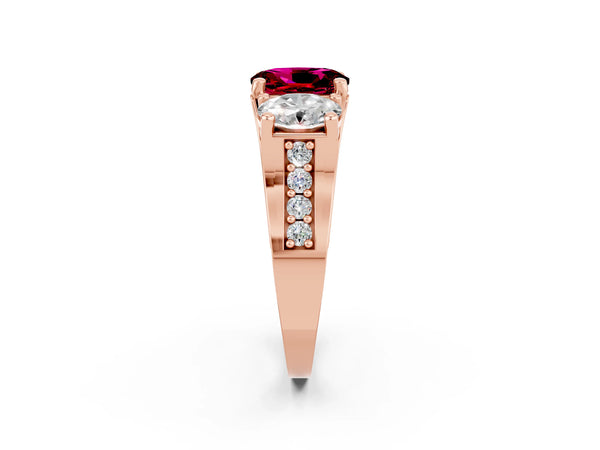 Rose gold Oval Cut Garnet Three-Stone Ring with Channel Set Band and Four-Prong Setting