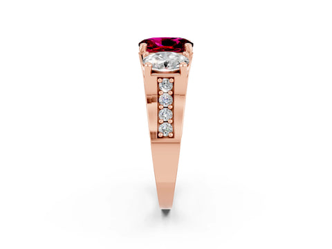 Rose gold Oval Cut Garnet Three-Stone Ring with Channel Set Band and Four-Prong Setting_2