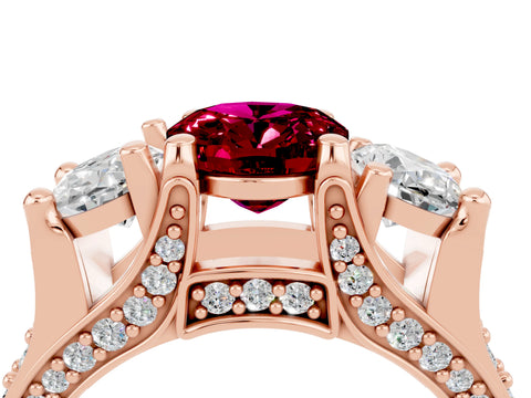 Rose gold Oval Cut Garnet Three-Stone Ring with Channel Set Band and Four-Prong Setting_4